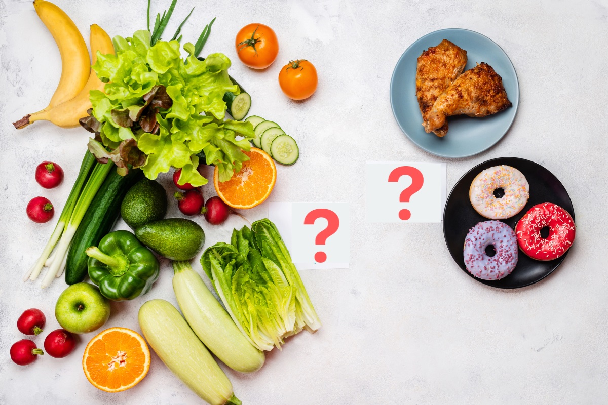 Foods to avoid with PCOS. Image with question mark next to vegetables and a question mark next to donuts