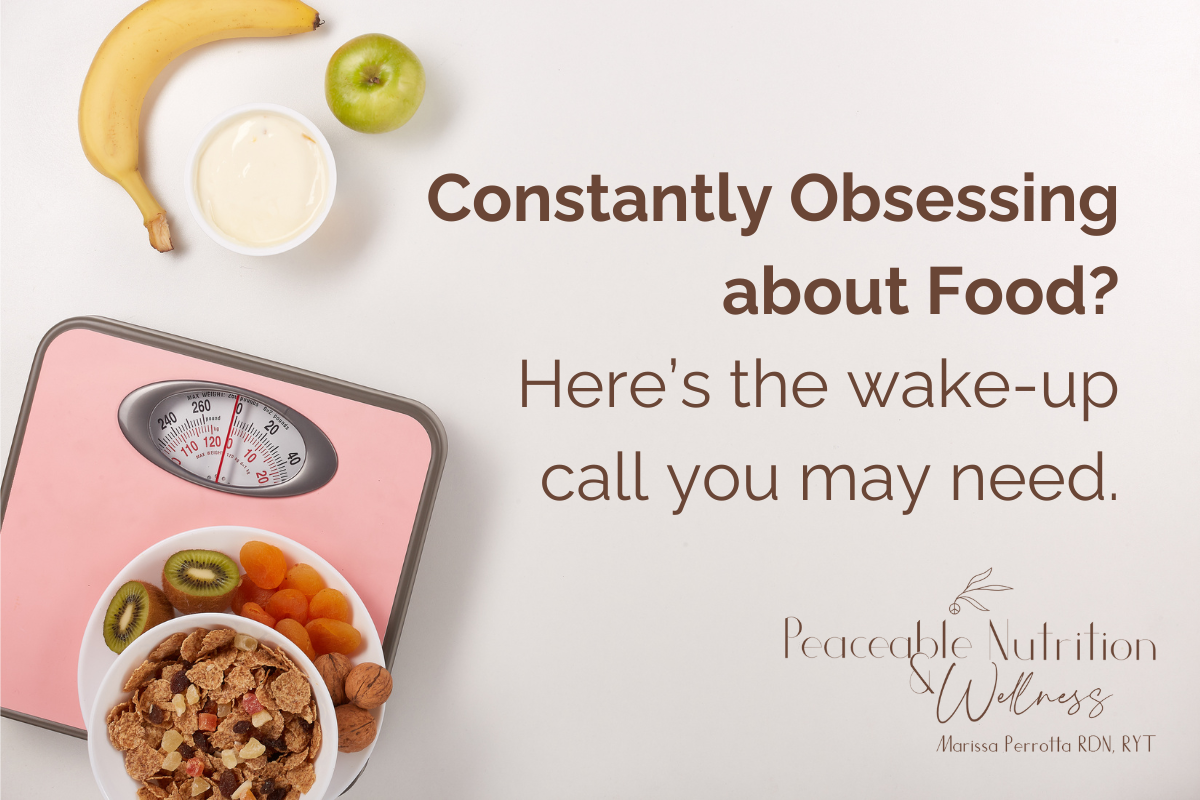 Constantly Obsessing about food? Heres' the wake-up call you may need. Image of banana, apple, nuts and a pink scale.